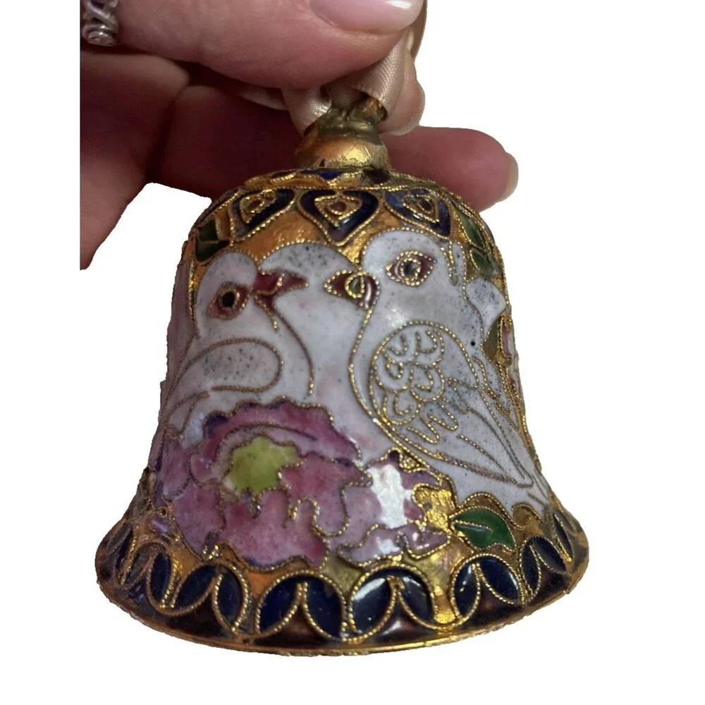 Cloisonne Enamel Bell Floral Dove NYCO Victorian Style Box & Card 3